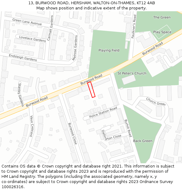 13, BURWOOD ROAD, HERSHAM, WALTON-ON-THAMES, KT12 4AB: Location map and indicative extent of plot