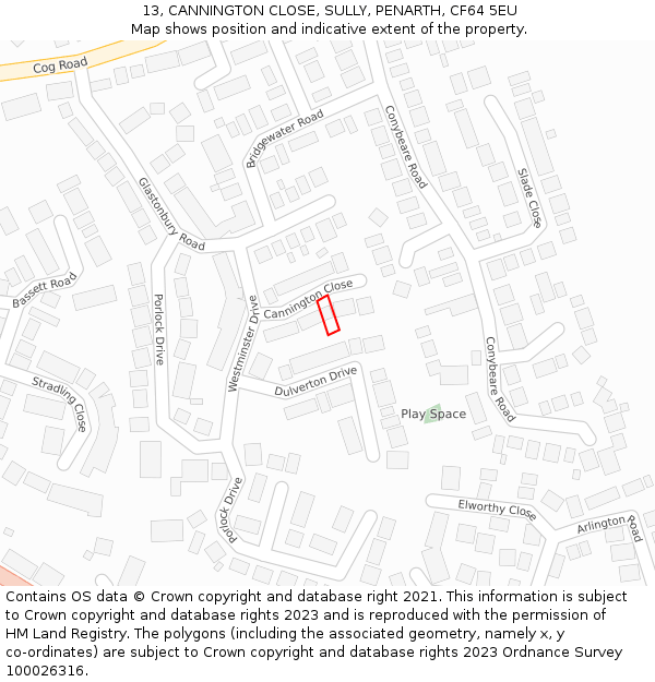 13, CANNINGTON CLOSE, SULLY, PENARTH, CF64 5EU: Location map and indicative extent of plot
