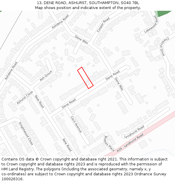 13, DENE ROAD, ASHURST, SOUTHAMPTON, SO40 7BL: Location map and indicative extent of plot