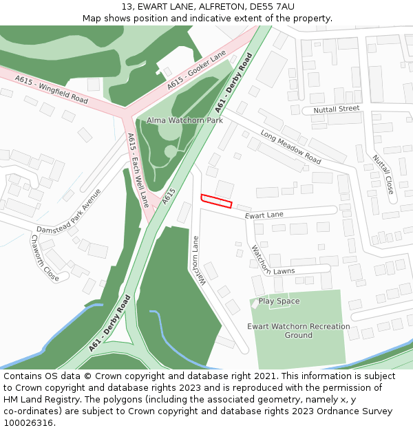 13, EWART LANE, ALFRETON, DE55 7AU: Location map and indicative extent of plot