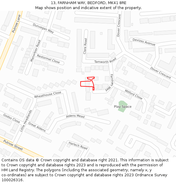 13, FARNHAM WAY, BEDFORD, MK41 8RE: Location map and indicative extent of plot