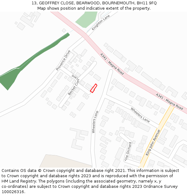 13, GEOFFREY CLOSE, BEARWOOD, BOURNEMOUTH, BH11 9FQ: Location map and indicative extent of plot