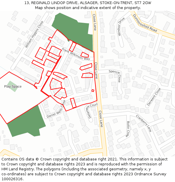 13, REGINALD LINDOP DRIVE, ALSAGER, STOKE-ON-TRENT, ST7 2GW: Location map and indicative extent of plot