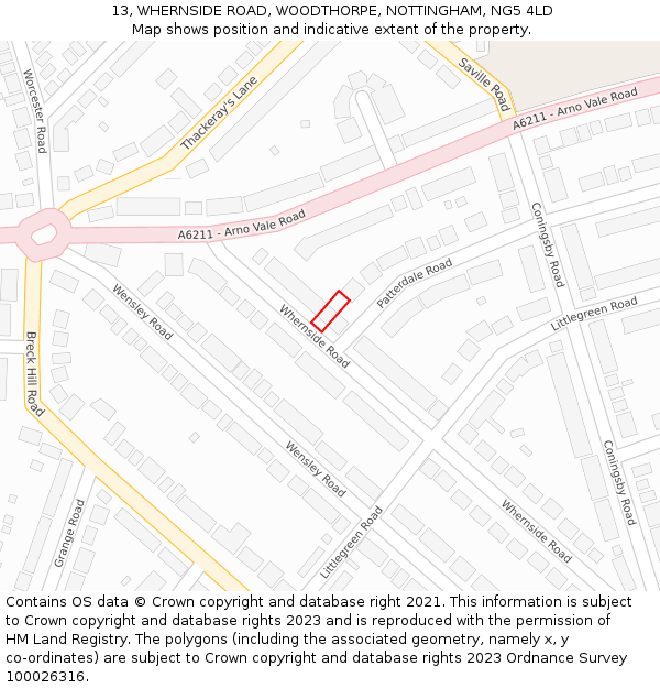 13, WHERNSIDE ROAD, WOODTHORPE, NOTTINGHAM, NG5 4LD: Location map and indicative extent of plot