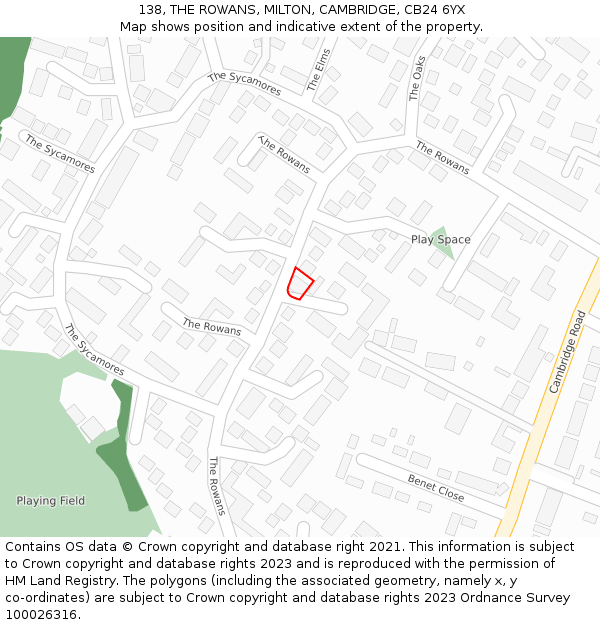 138, THE ROWANS, MILTON, CAMBRIDGE, CB24 6YX: Location map and indicative extent of plot