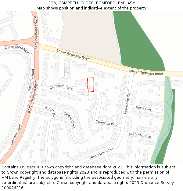 13A, CAMPBELL CLOSE, ROMFORD, RM1 4SA: Location map and indicative extent of plot