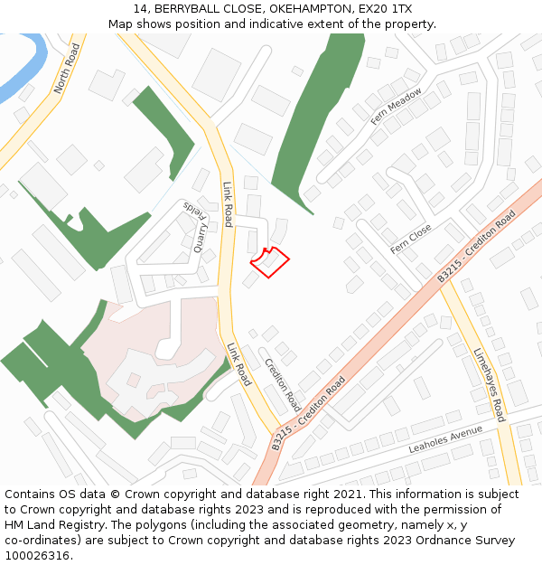 14, BERRYBALL CLOSE, OKEHAMPTON, EX20 1TX: Location map and indicative extent of plot