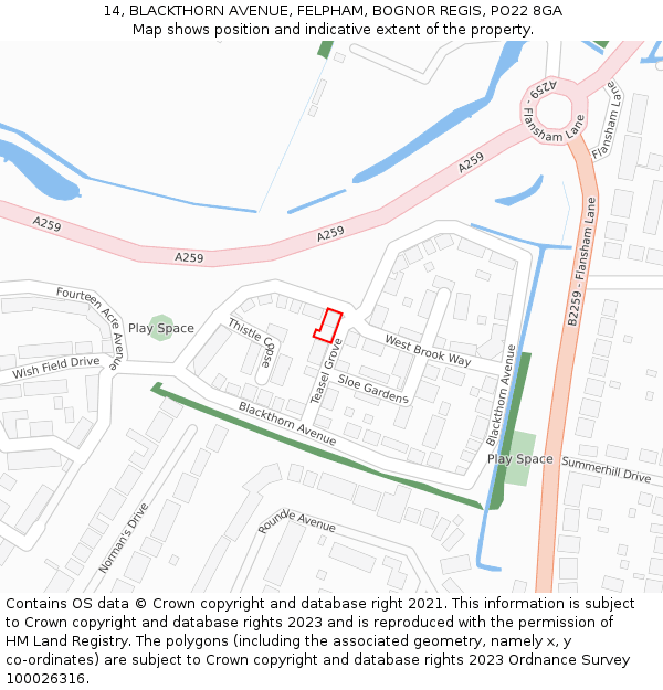 14, BLACKTHORN AVENUE, FELPHAM, BOGNOR REGIS, PO22 8GA: Location map and indicative extent of plot