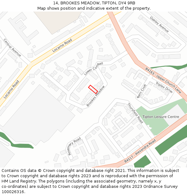 14, BROOKES MEADOW, TIPTON, DY4 9RB: Location map and indicative extent of plot