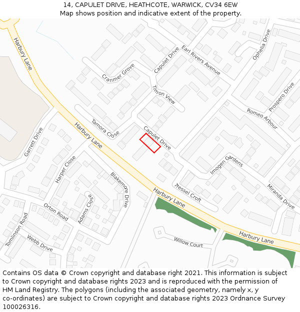 14, CAPULET DRIVE, HEATHCOTE, WARWICK, CV34 6EW: Location map and indicative extent of plot