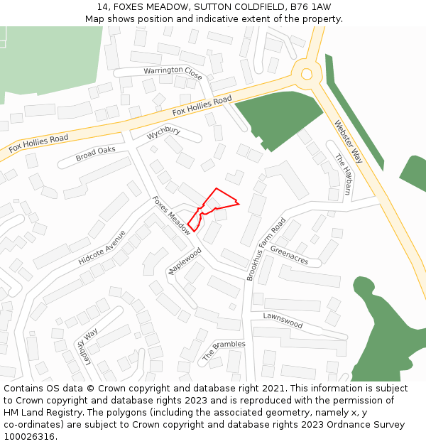 14, FOXES MEADOW, SUTTON COLDFIELD, B76 1AW: Location map and indicative extent of plot