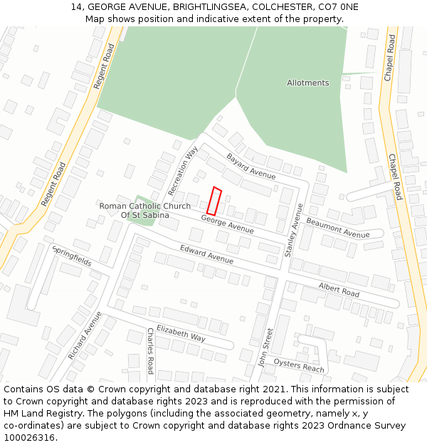 14, GEORGE AVENUE, BRIGHTLINGSEA, COLCHESTER, CO7 0NE: Location map and indicative extent of plot