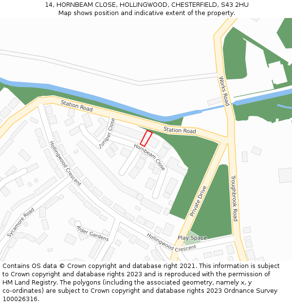 14, HORNBEAM CLOSE, HOLLINGWOOD, CHESTERFIELD, S43 2HU: Location map and indicative extent of plot