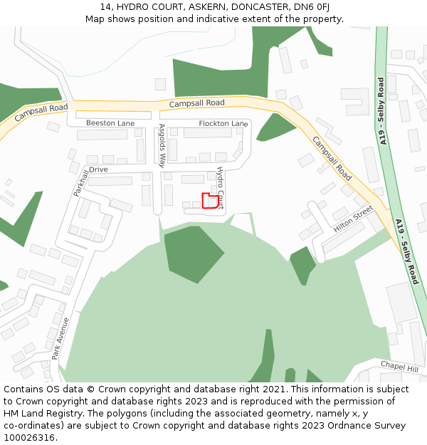 14, HYDRO COURT, ASKERN, DONCASTER, DN6 0FJ: Location map and indicative extent of plot