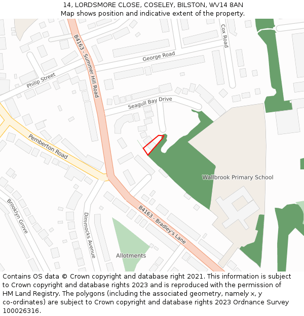 14, LORDSMORE CLOSE, COSELEY, BILSTON, WV14 8AN: Location map and indicative extent of plot