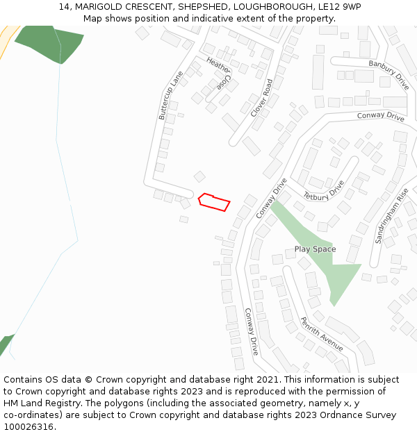 14, MARIGOLD CRESCENT, SHEPSHED, LOUGHBOROUGH, LE12 9WP: Location map and indicative extent of plot