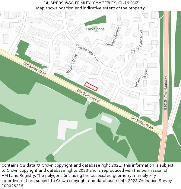 14, MYERS WAY, FRIMLEY, CAMBERLEY, GU16 9NZ: Location map and indicative extent of plot