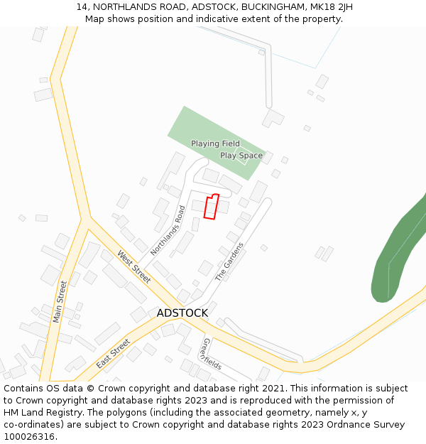 14, NORTHLANDS ROAD, ADSTOCK, BUCKINGHAM, MK18 2JH: Location map and indicative extent of plot