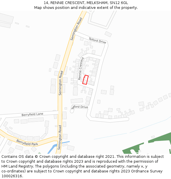 14, RENNIE CRESCENT, MELKSHAM, SN12 6GL: Location map and indicative extent of plot