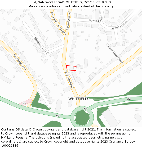 14, SANDWICH ROAD, WHITFIELD, DOVER, CT16 3LG: Location map and indicative extent of plot