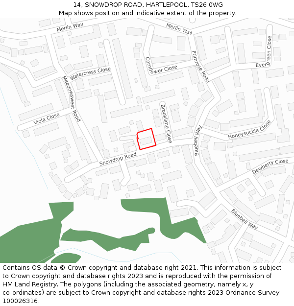 14, SNOWDROP ROAD, HARTLEPOOL, TS26 0WG: Location map and indicative extent of plot