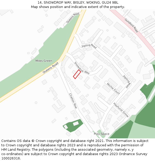 14, SNOWDROP WAY, BISLEY, WOKING, GU24 9BL: Location map and indicative extent of plot