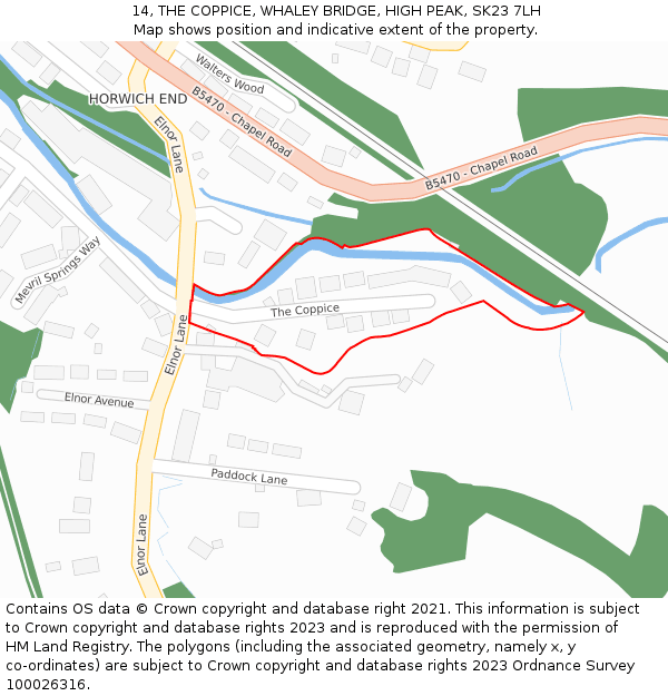 14, THE COPPICE, WHALEY BRIDGE, HIGH PEAK, SK23 7LH: Location map and indicative extent of plot