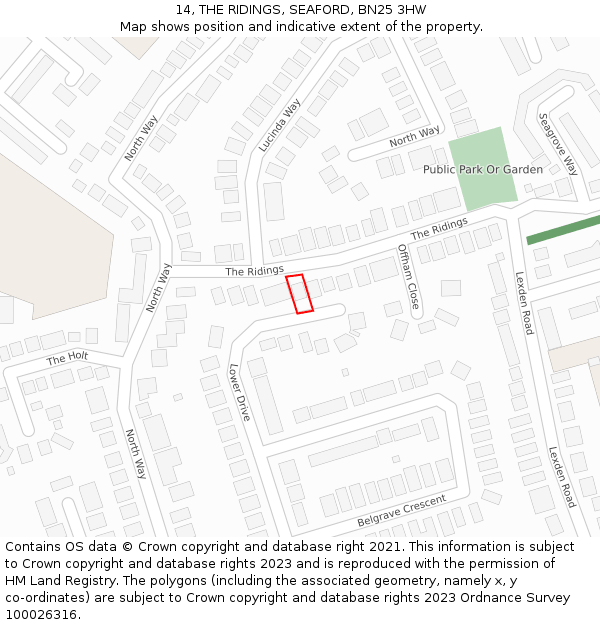 14, THE RIDINGS, SEAFORD, BN25 3HW: Location map and indicative extent of plot