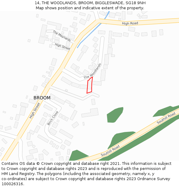 14, THE WOODLANDS, BROOM, BIGGLESWADE, SG18 9NH: Location map and indicative extent of plot