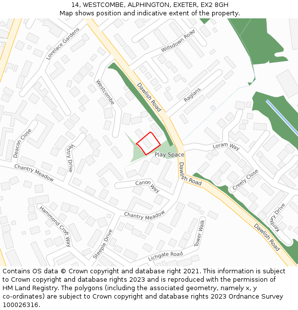 14, WESTCOMBE, ALPHINGTON, EXETER, EX2 8GH: Location map and indicative extent of plot