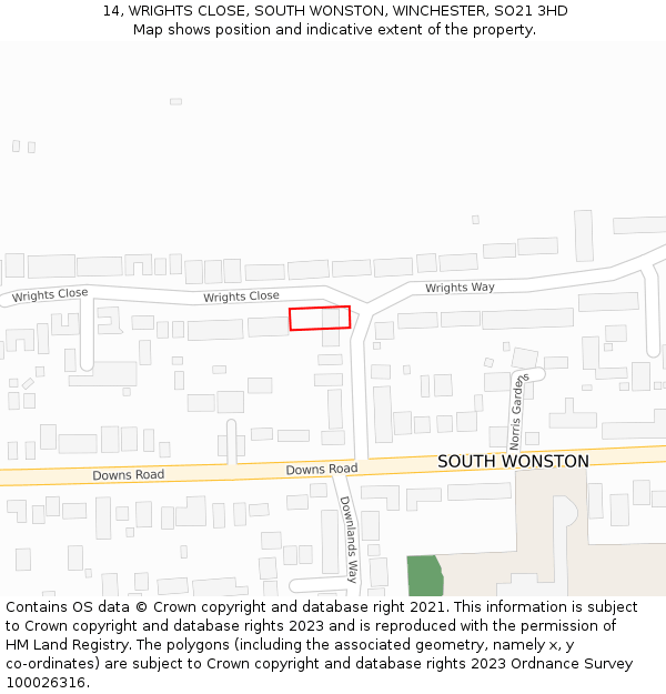 14, WRIGHTS CLOSE, SOUTH WONSTON, WINCHESTER, SO21 3HD: Location map and indicative extent of plot