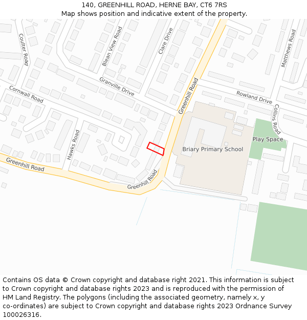 140, GREENHILL ROAD, HERNE BAY, CT6 7RS: Location map and indicative extent of plot