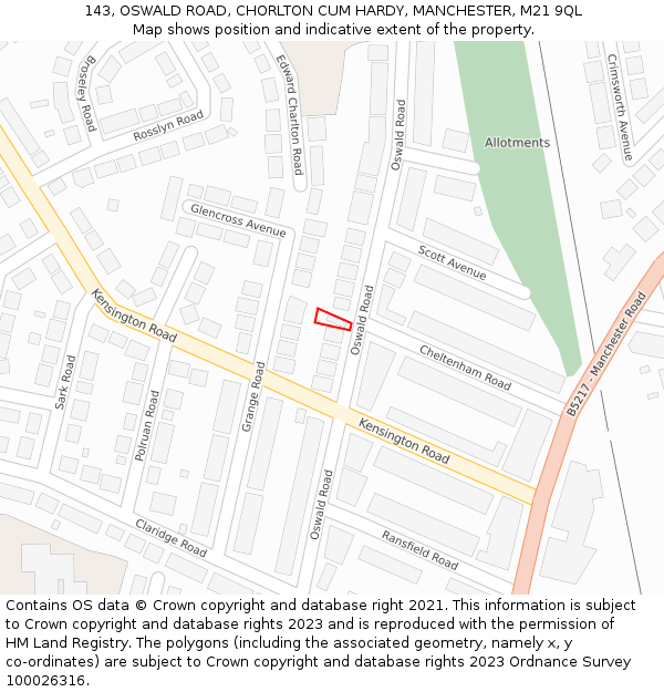 143, OSWALD ROAD, CHORLTON CUM HARDY, MANCHESTER, M21 9QL: Location map and indicative extent of plot