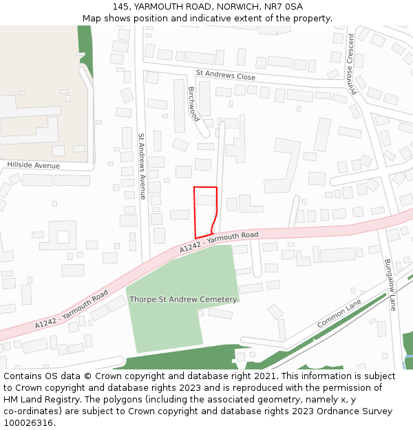 145, YARMOUTH ROAD, NORWICH, NR7 0SA: Location map and indicative extent of plot