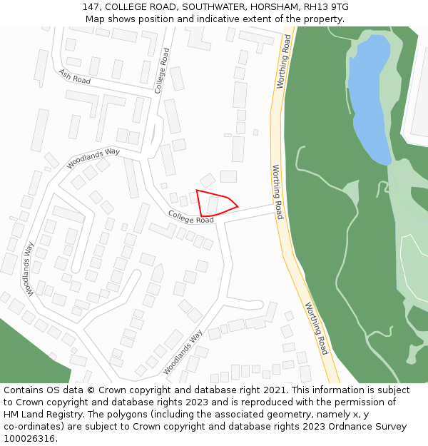 147, COLLEGE ROAD, SOUTHWATER, HORSHAM, RH13 9TG: Location map and indicative extent of plot