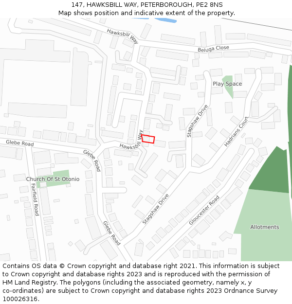 147, HAWKSBILL WAY, PETERBOROUGH, PE2 8NS: Location map and indicative extent of plot