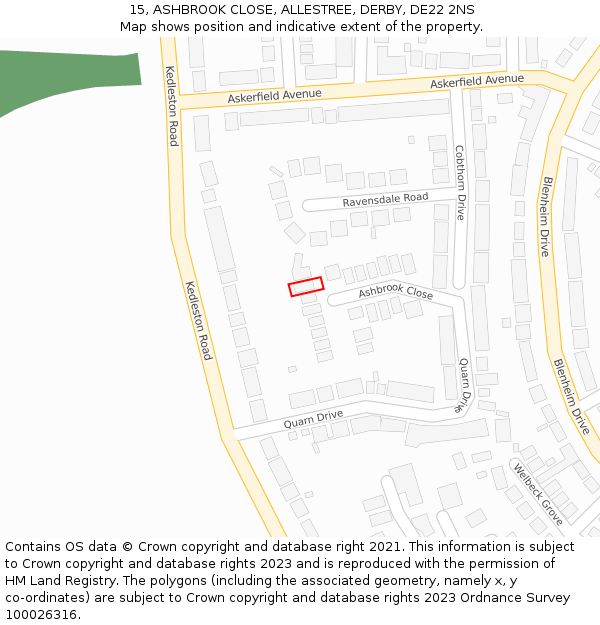 15, ASHBROOK CLOSE, ALLESTREE, DERBY, DE22 2NS: Location map and indicative extent of plot