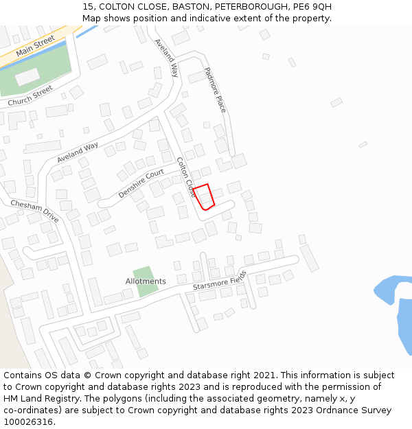 15, COLTON CLOSE, BASTON, PETERBOROUGH, PE6 9QH: Location map and indicative extent of plot