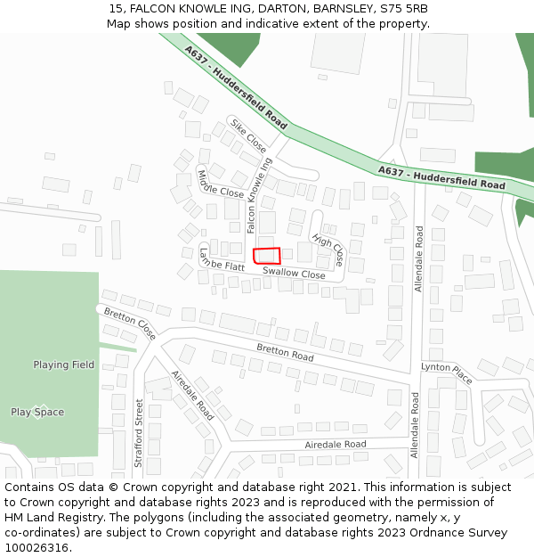 15, FALCON KNOWLE ING, DARTON, BARNSLEY, S75 5RB: Location map and indicative extent of plot