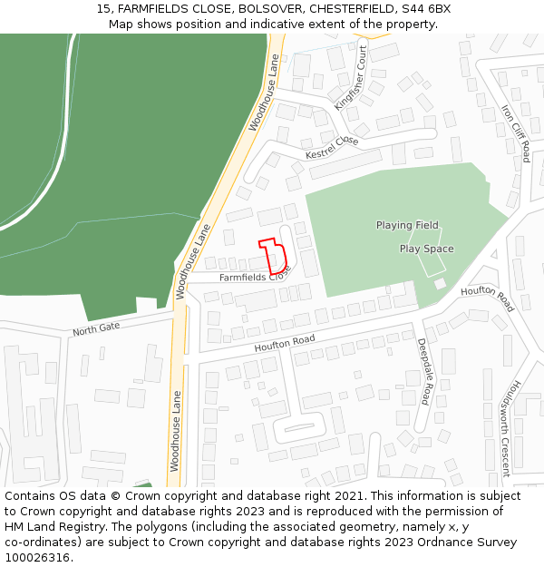 15, FARMFIELDS CLOSE, BOLSOVER, CHESTERFIELD, S44 6BX: Location map and indicative extent of plot