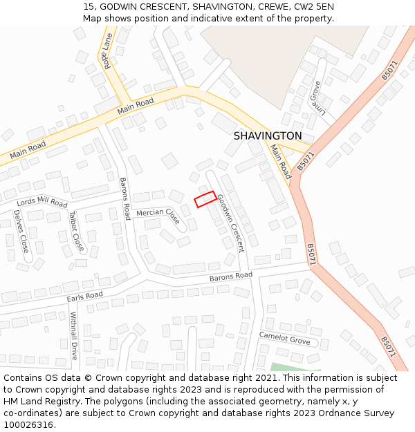 15, GODWIN CRESCENT, SHAVINGTON, CREWE, CW2 5EN: Location map and indicative extent of plot