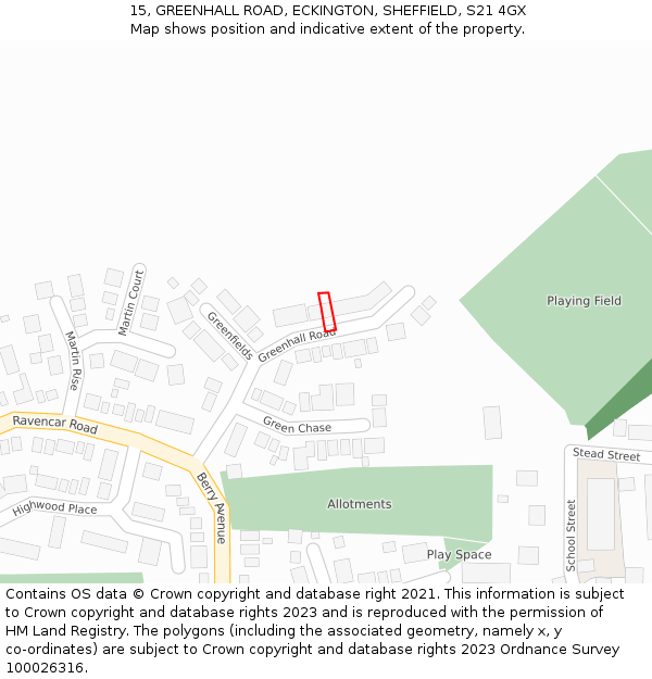 15, GREENHALL ROAD, ECKINGTON, SHEFFIELD, S21 4GX: Location map and indicative extent of plot