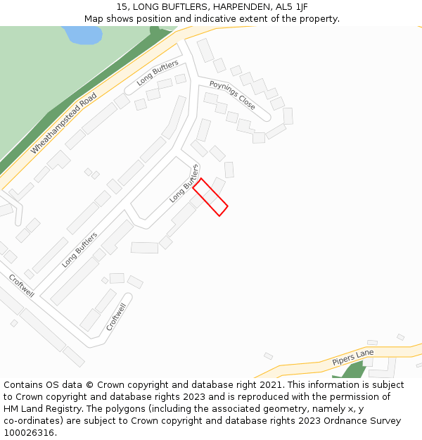 15, LONG BUFTLERS, HARPENDEN, AL5 1JF: Location map and indicative extent of plot