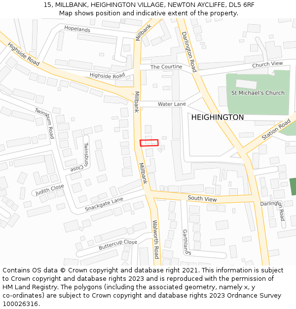 15, MILLBANK, HEIGHINGTON VILLAGE, NEWTON AYCLIFFE, DL5 6RF: Location map and indicative extent of plot