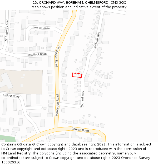 15, ORCHARD WAY, BOREHAM, CHELMSFORD, CM3 3GQ: Location map and indicative extent of plot