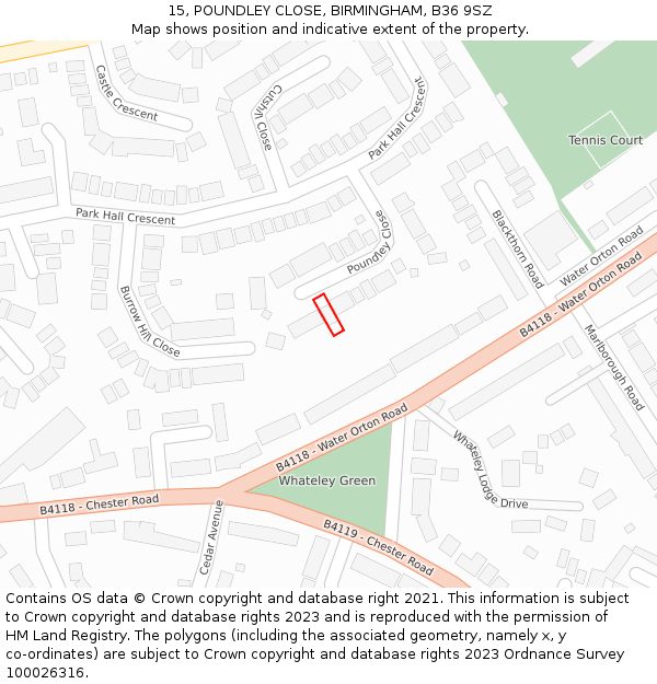 15, POUNDLEY CLOSE, BIRMINGHAM, B36 9SZ: Location map and indicative extent of plot