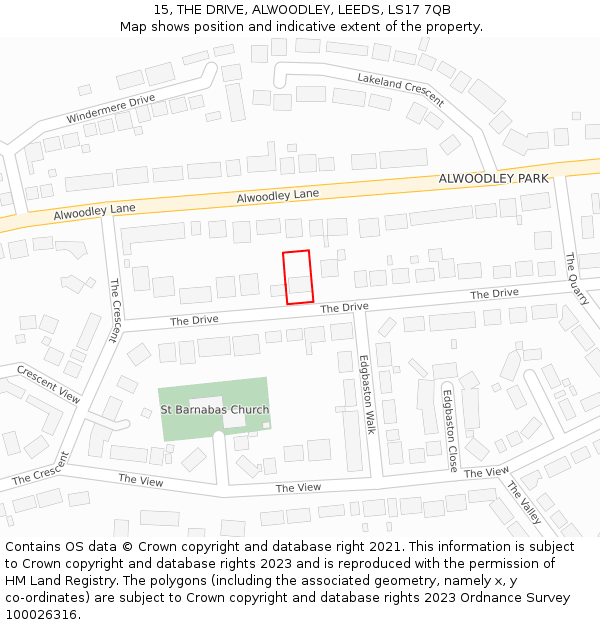 15, THE DRIVE, ALWOODLEY, LEEDS, LS17 7QB: Location map and indicative extent of plot