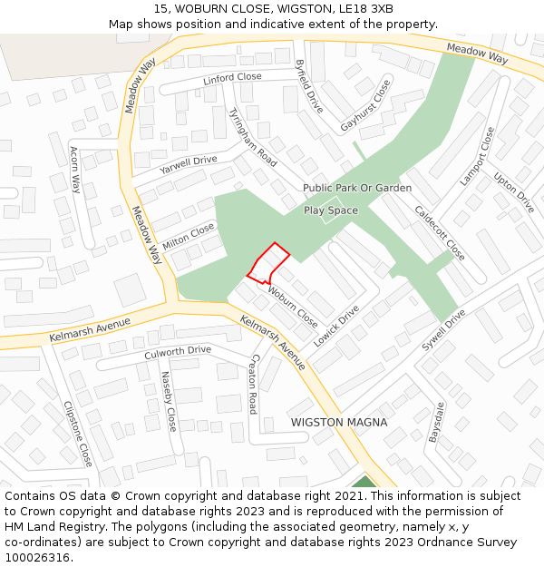 15, WOBURN CLOSE, WIGSTON, LE18 3XB: Location map and indicative extent of plot