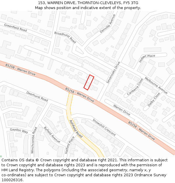 153, WARREN DRIVE, THORNTON-CLEVELEYS, FY5 3TG: Location map and indicative extent of plot