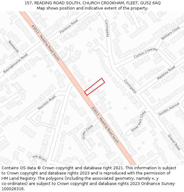 157, READING ROAD SOUTH, CHURCH CROOKHAM, FLEET, GU52 6AQ: Location map and indicative extent of plot